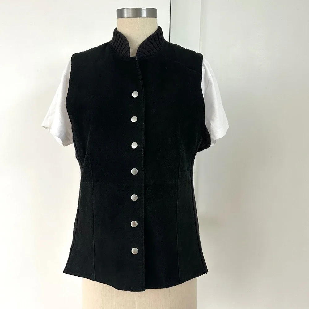 Christopher & Banks Black Suede Leather‎ Ribbed Knit Back Snap Front Vest Large